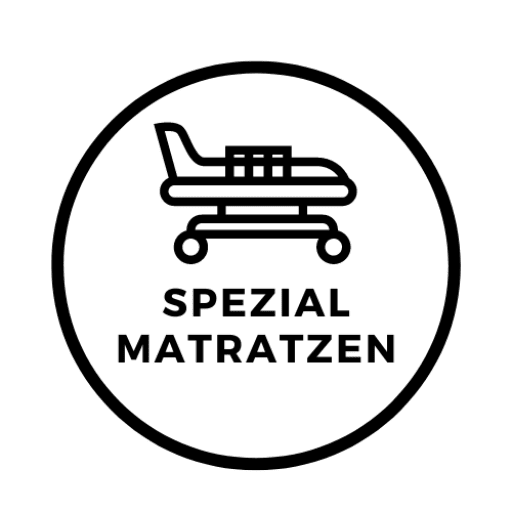 Das Logo von spezialmatratzen. Ein schwarzer Kreis, darin ein Piktogramm einer Rettungstrage und dem Wort "Spezialmatratzen".